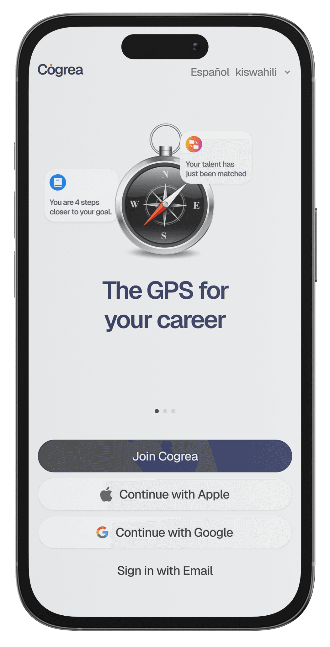 The Cogrea app framed as a compass — the GPS for your career