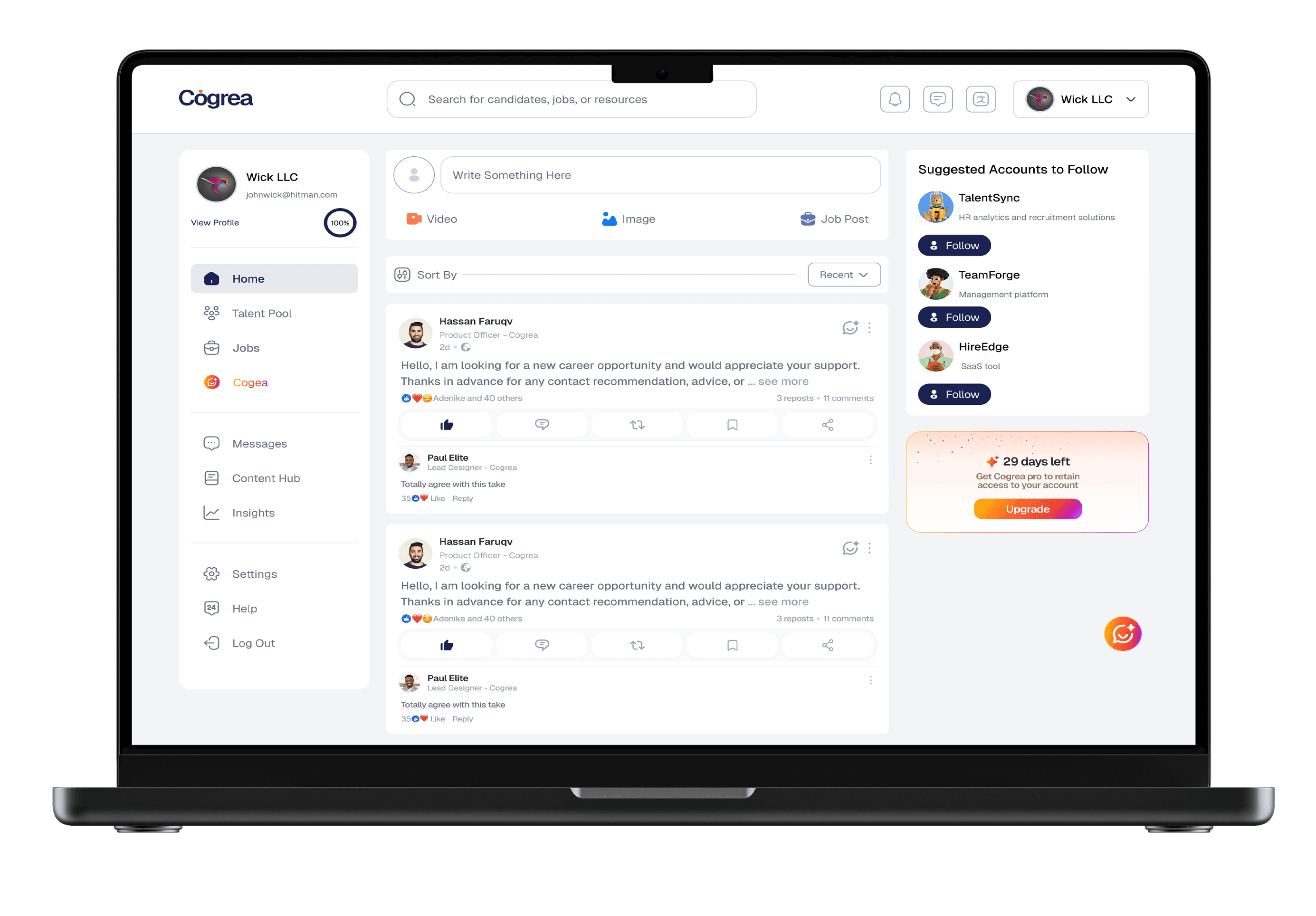 The Cogrea web app showing a talent feed alongside a profile sidebar