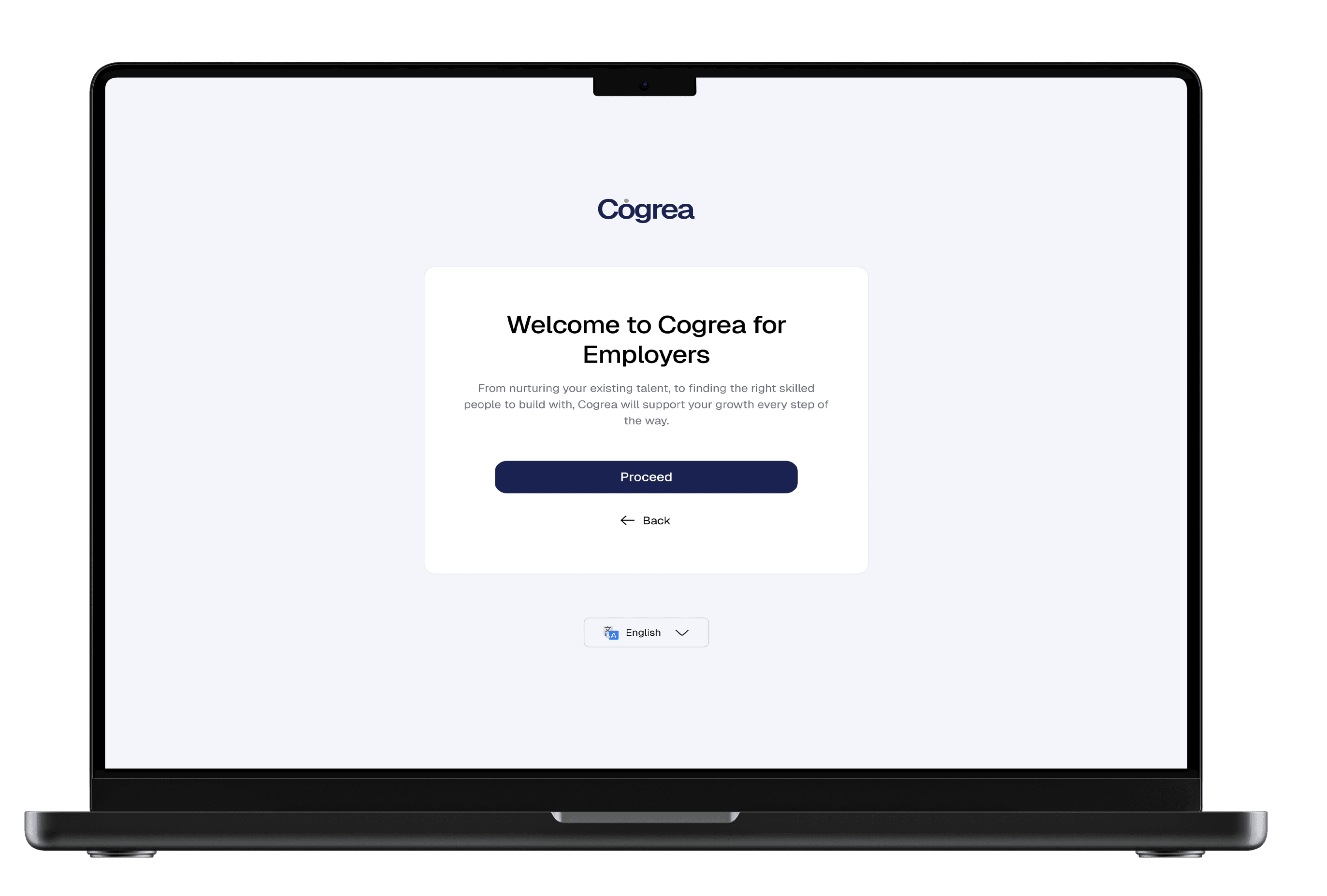A laptop showing the Cogrea welcome screen for employers