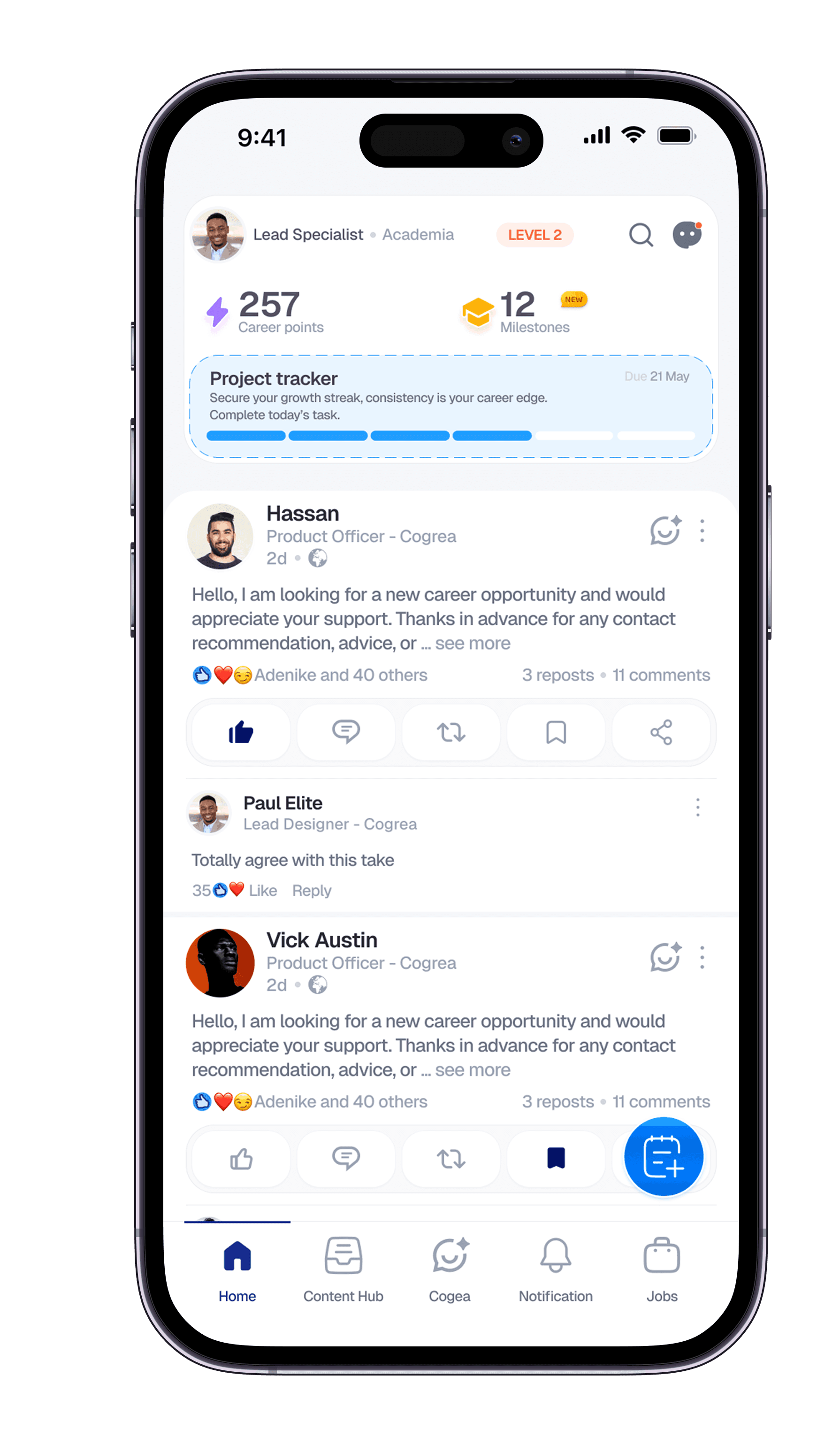 The Cogrea app showing a member's career points, milestones and community feed
